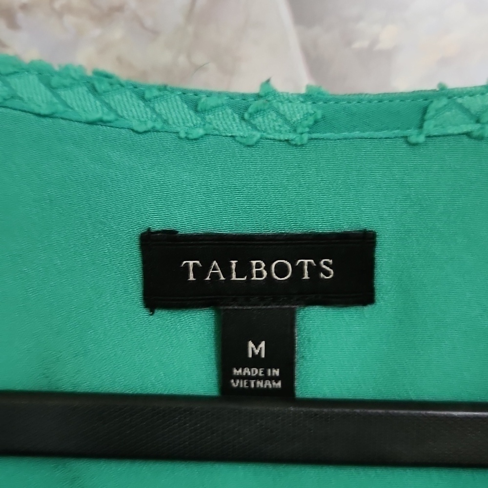 Green Knit Talbots Blouse Sheer sleeve Abstract Pattern Medium career party - Picture 4 of 8